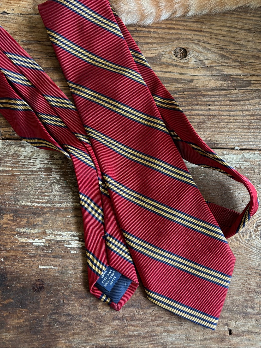 Classic Red Striped Men's Tie with Navy and Gold Accents